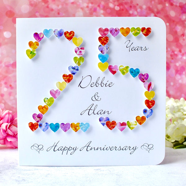 Silver 25th Wedding Anniversary Card - Hearts, Personalised