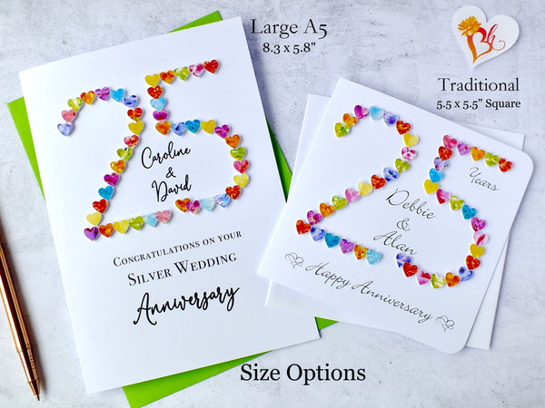 Silver 25th Wedding Anniversary Card - Hearts, Personalised