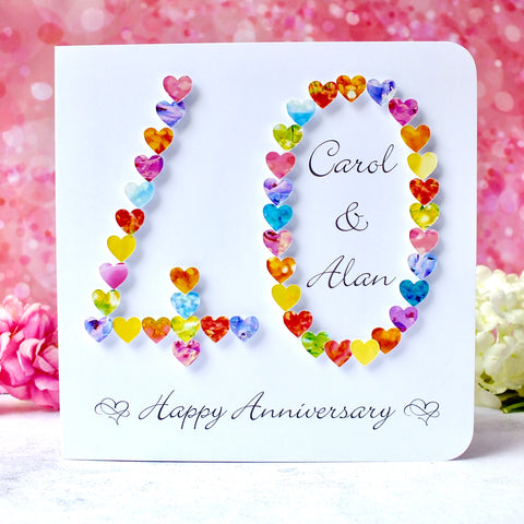 Ruby 40th Wedding Anniversary Card - Hearts, Personalised