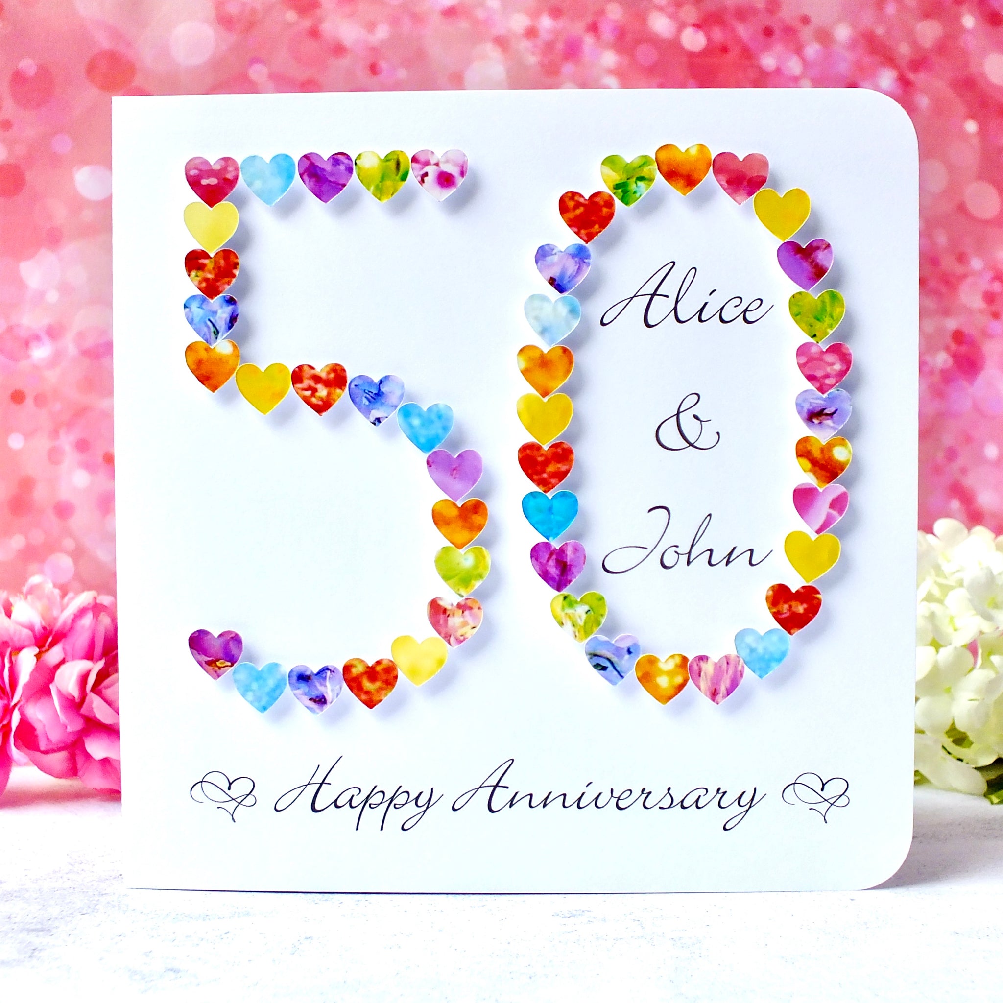 Golden 50th Wedding Anniversary Card - Hearts, Personalised