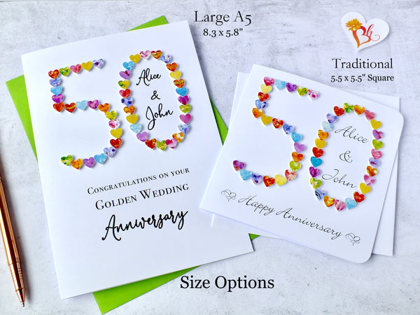 Golden 50th Wedding Anniversary Card - Hearts, Personalised