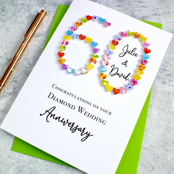 Diamond 60th Wedding Anniversary Card - Hearts, Personalised