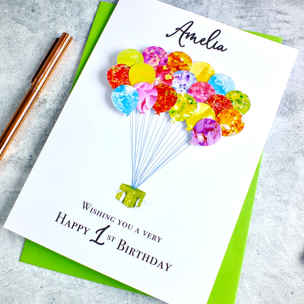 1st Birthday Card - Balloons, Personalised