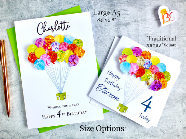 4th Birthday Card - Balloons, Personalised