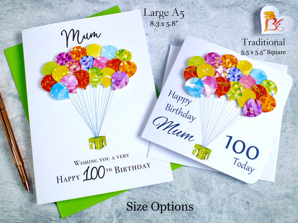 Personalised 100th Birthday Card with Colourful Balloons - Handmade and Unique | New Size Options Available | Bright Heart Design