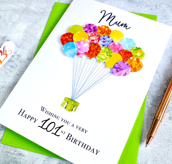 101st Birthday Card - Balloons, Personalised Age 101