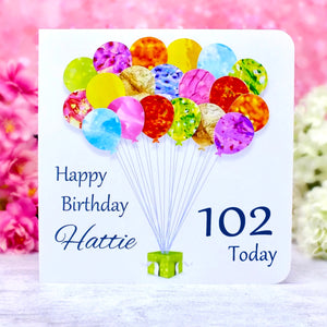 102nd Birthday Card - Balloons, Personalised Age 102