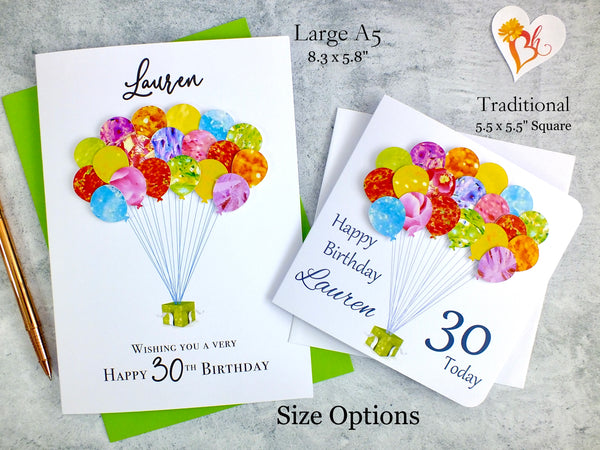 30th Birthday Card - Balloons, Personalised