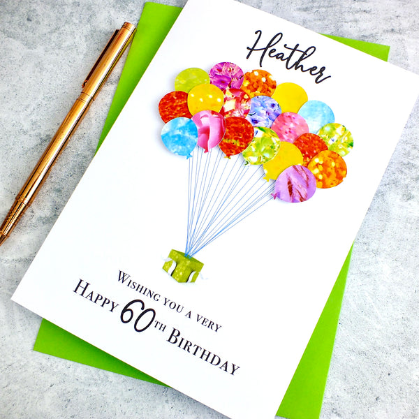 60th Birthday Card - Balloons, Personalised