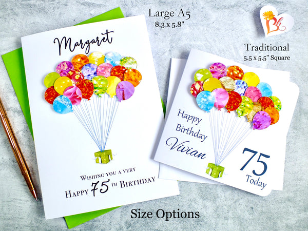 75th Birthday Card - Balloons, Personalised