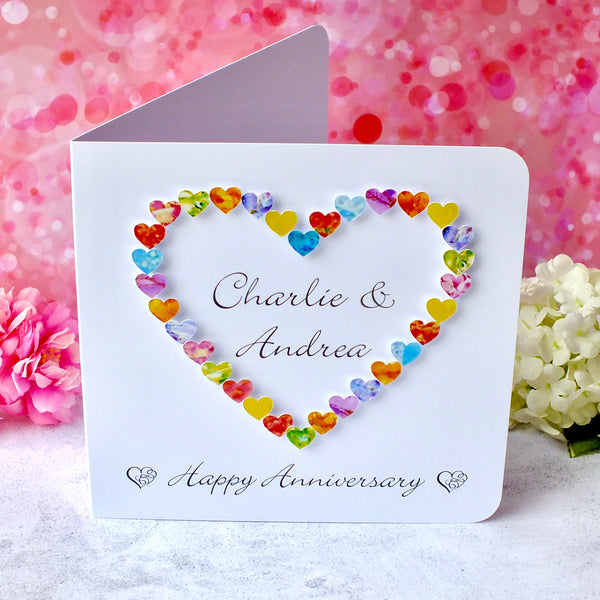 Personalised Anniversary Card - Colourful Hearts