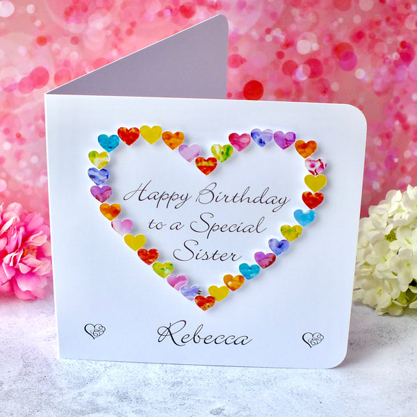 Sister Birthday Card - Multi Coloured Hearts