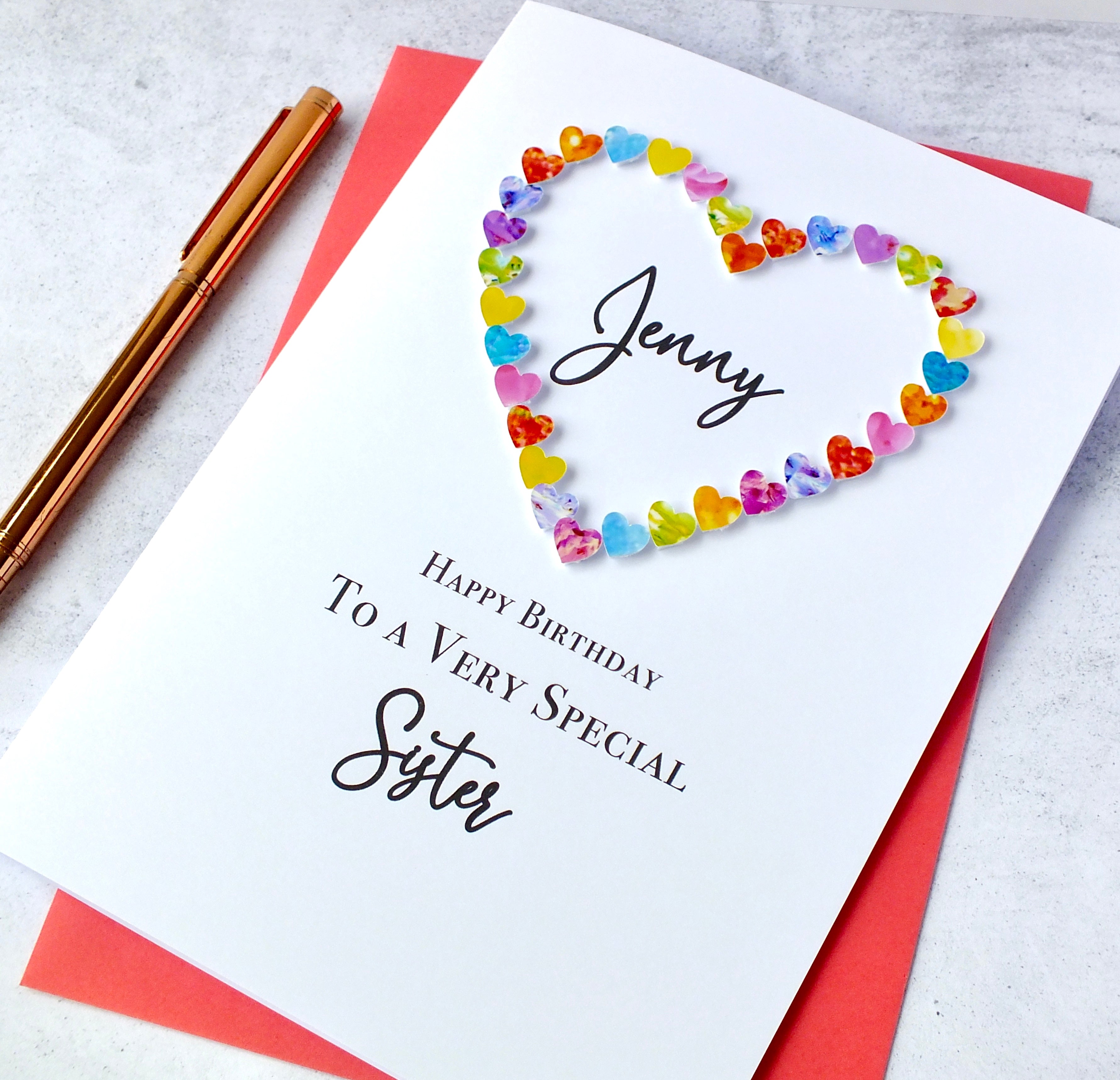 Sister Birthday Card - Multi Coloured Hearts