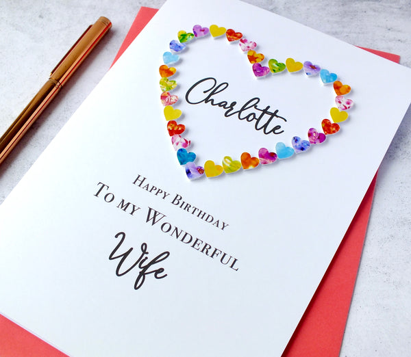 Birthday Card for Wife - Multi-Coloured Hearts