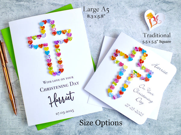 Handmade Christening Card - Multi Coloured Hearts, Personalised