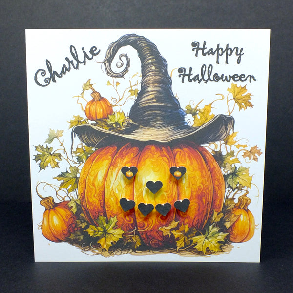 Personalised Happy Halloween Card - Leafy Pumpkin