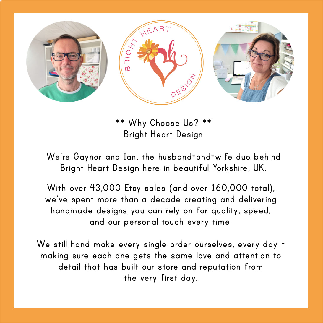 Promotional image for Bright Heart Design with a couple's profile and text about their business.
