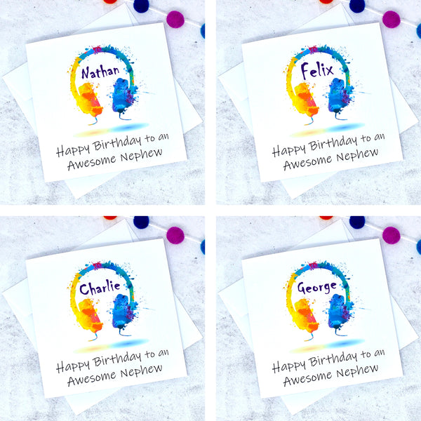 Personalised Nephew Birthday Card - Colourful Headphones