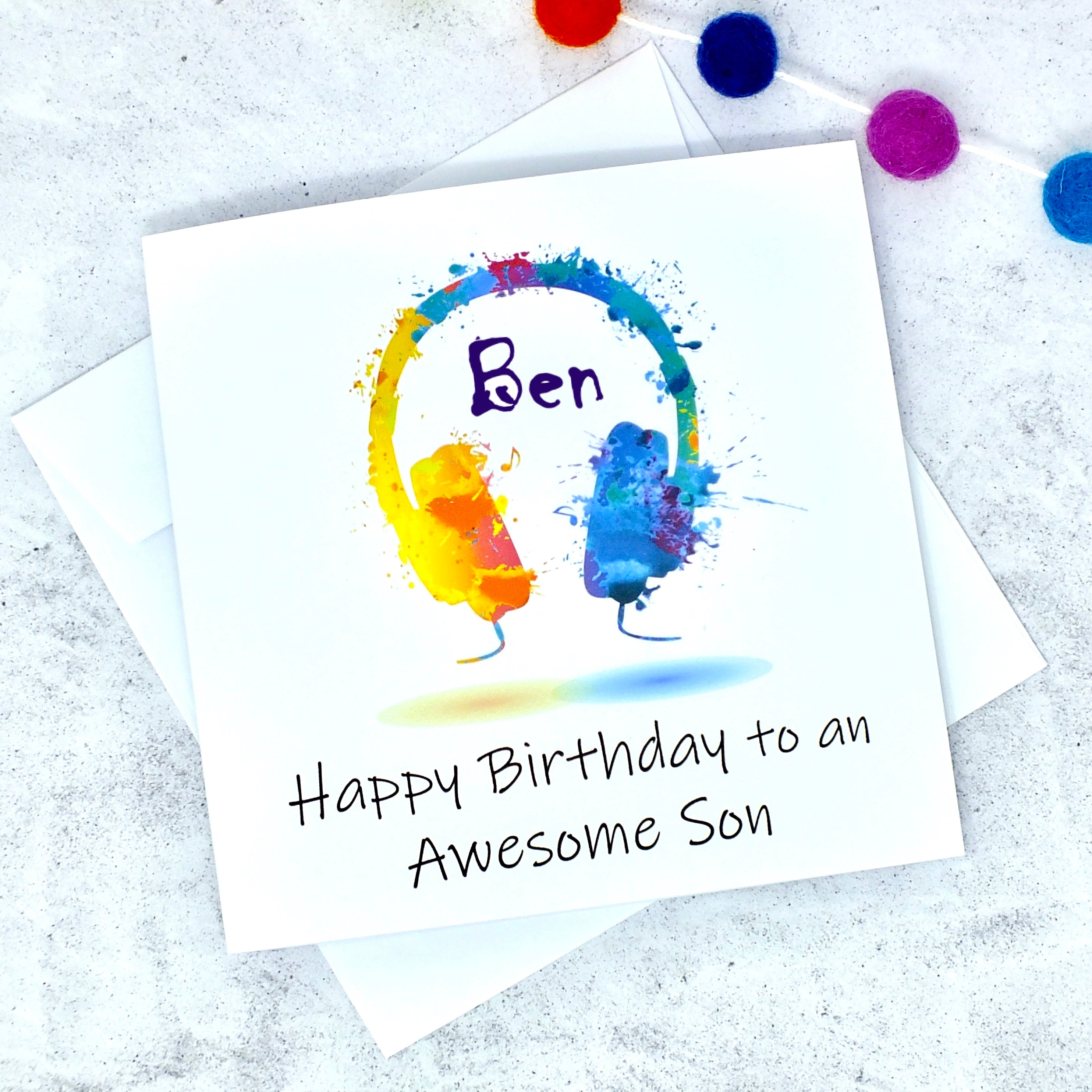 Personalised Son Birthday Card - Colourful Headphones