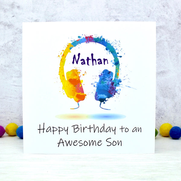 Personalised Son Birthday Card - Colourful Headphones