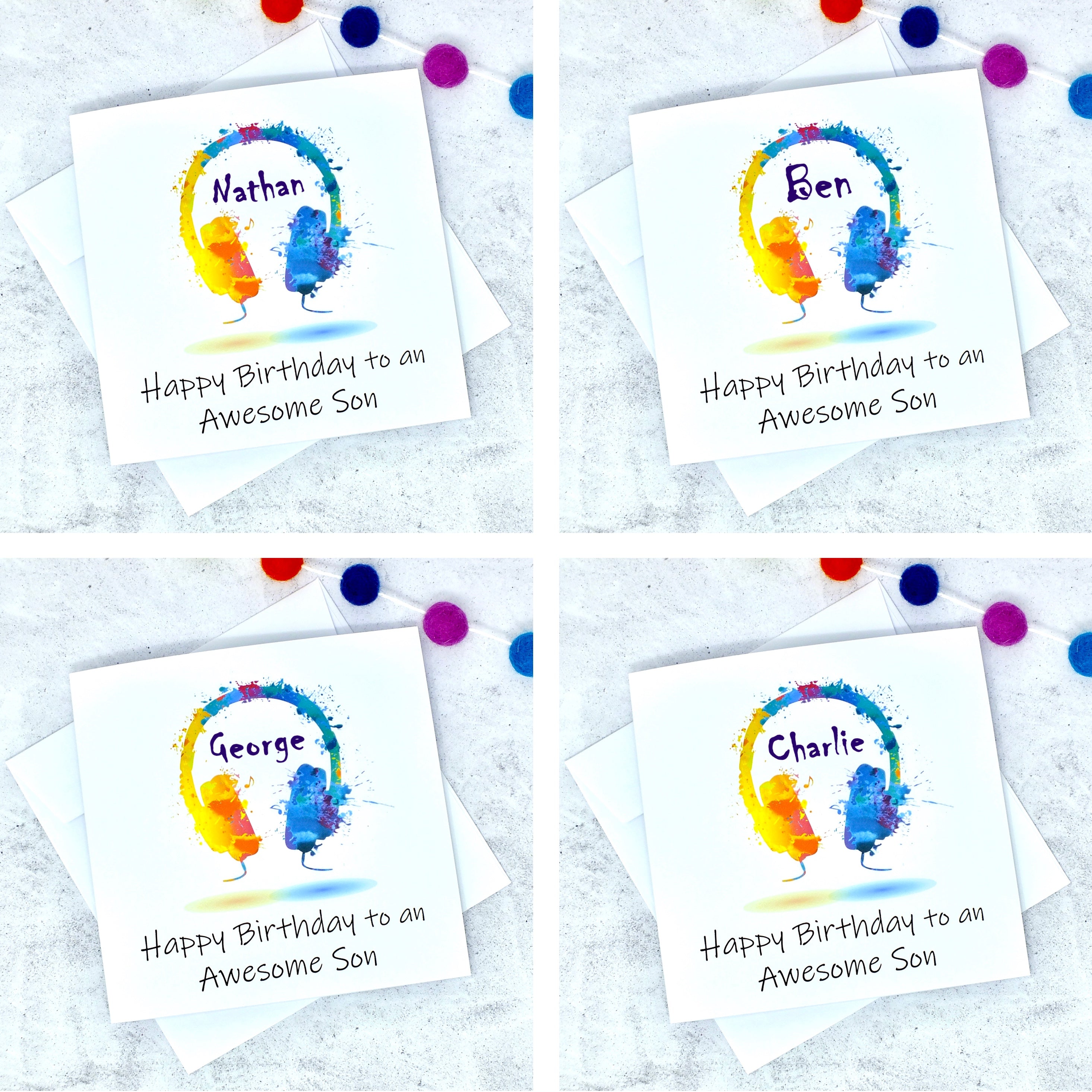 Personalised Son Birthday Card - Colourful Headphones