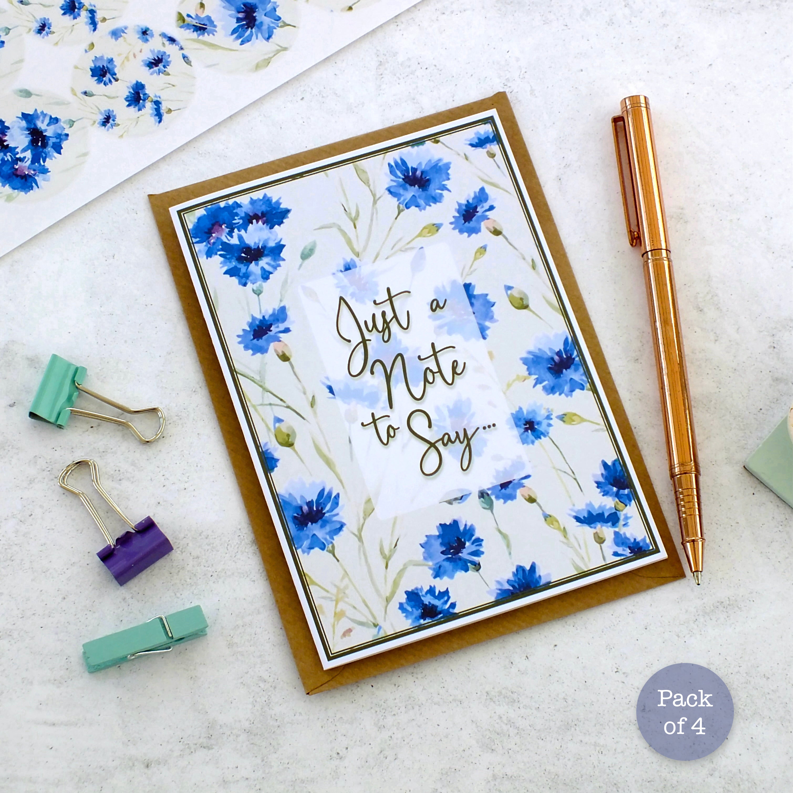Pack of 4 Note Cards 'Just a Note to Say...' - Cornflowers