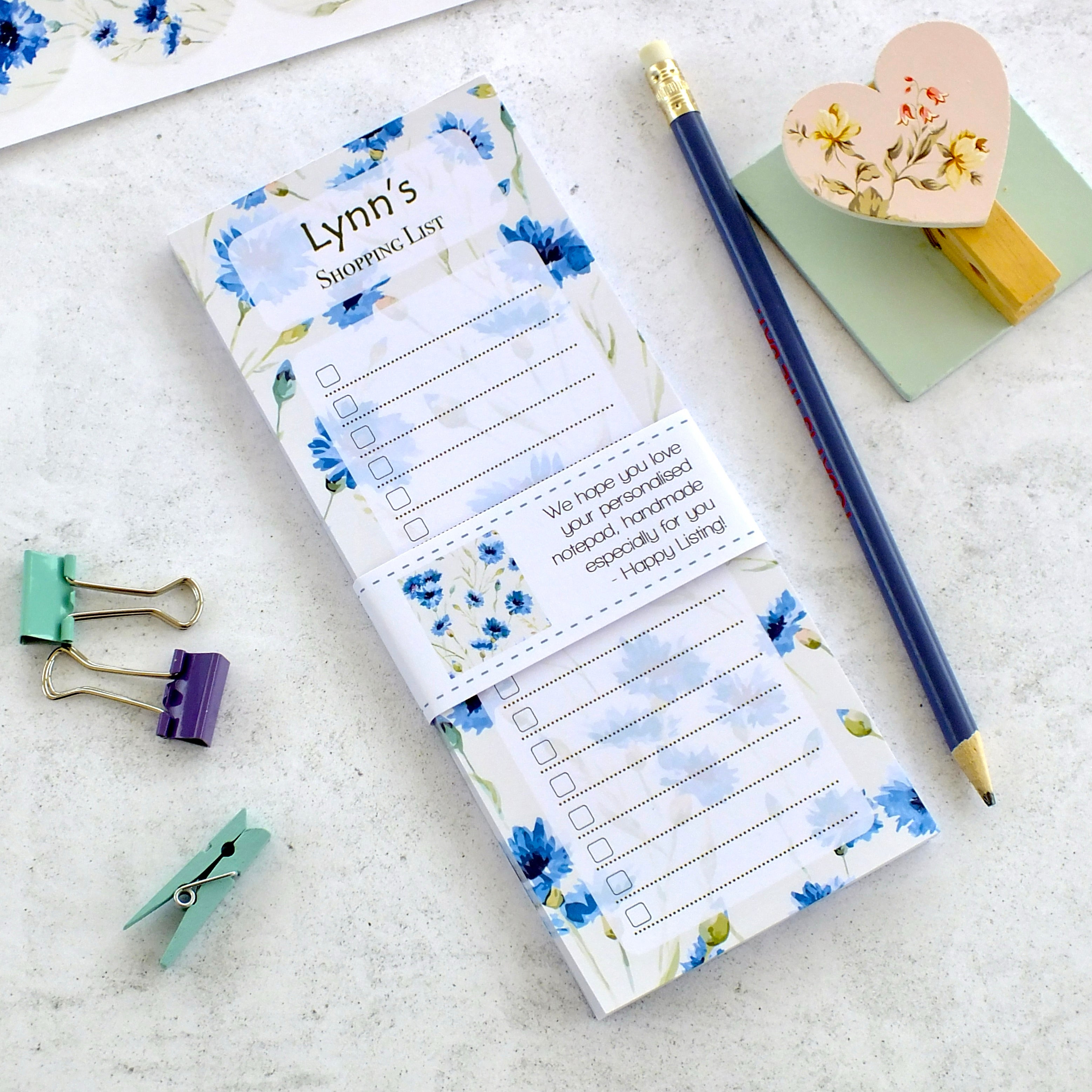 Personalised List Pad - To Do / Shopping / Any List Heading - Cornflowers