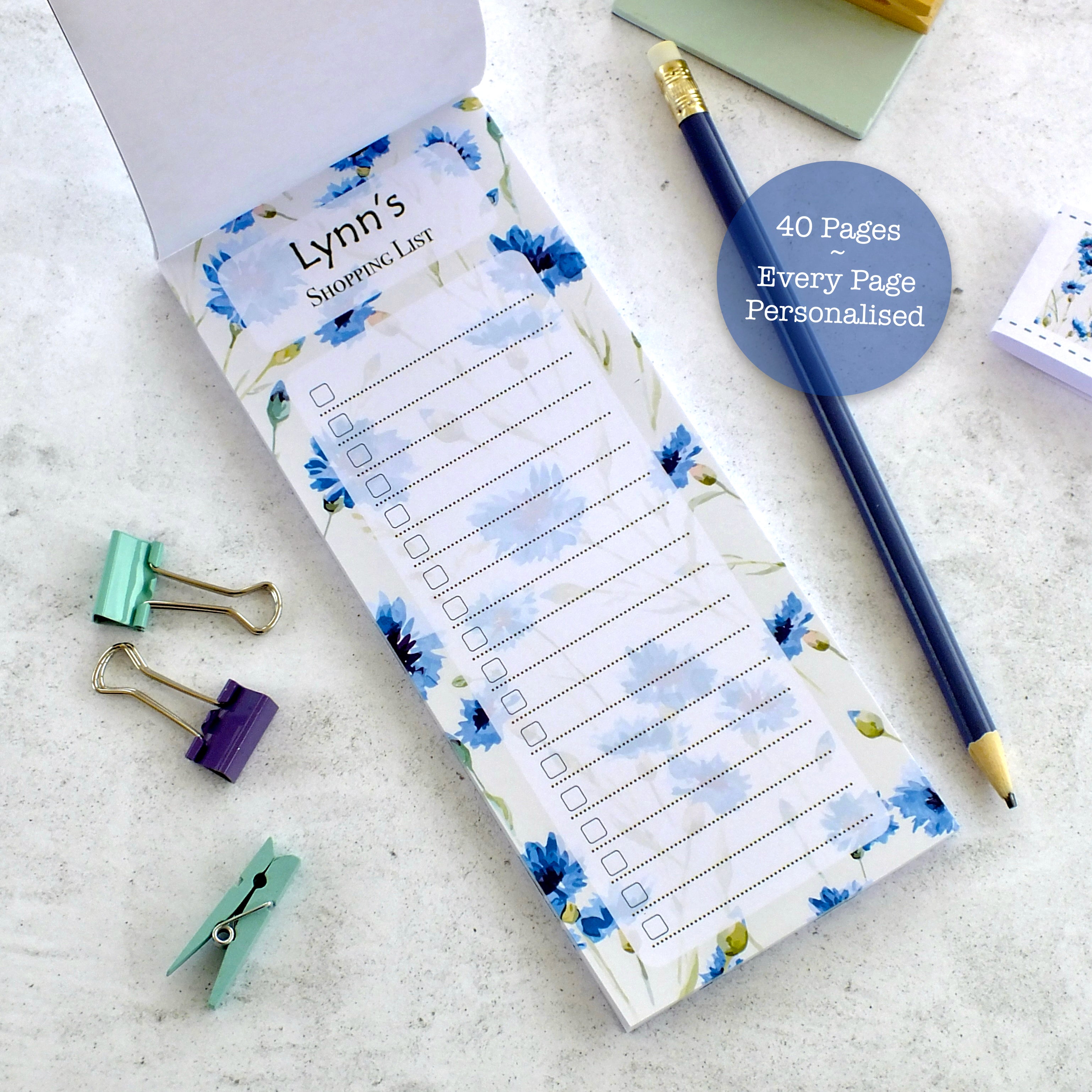 Personalised List Pad - To Do / Shopping / Any List Heading - Cornflowers