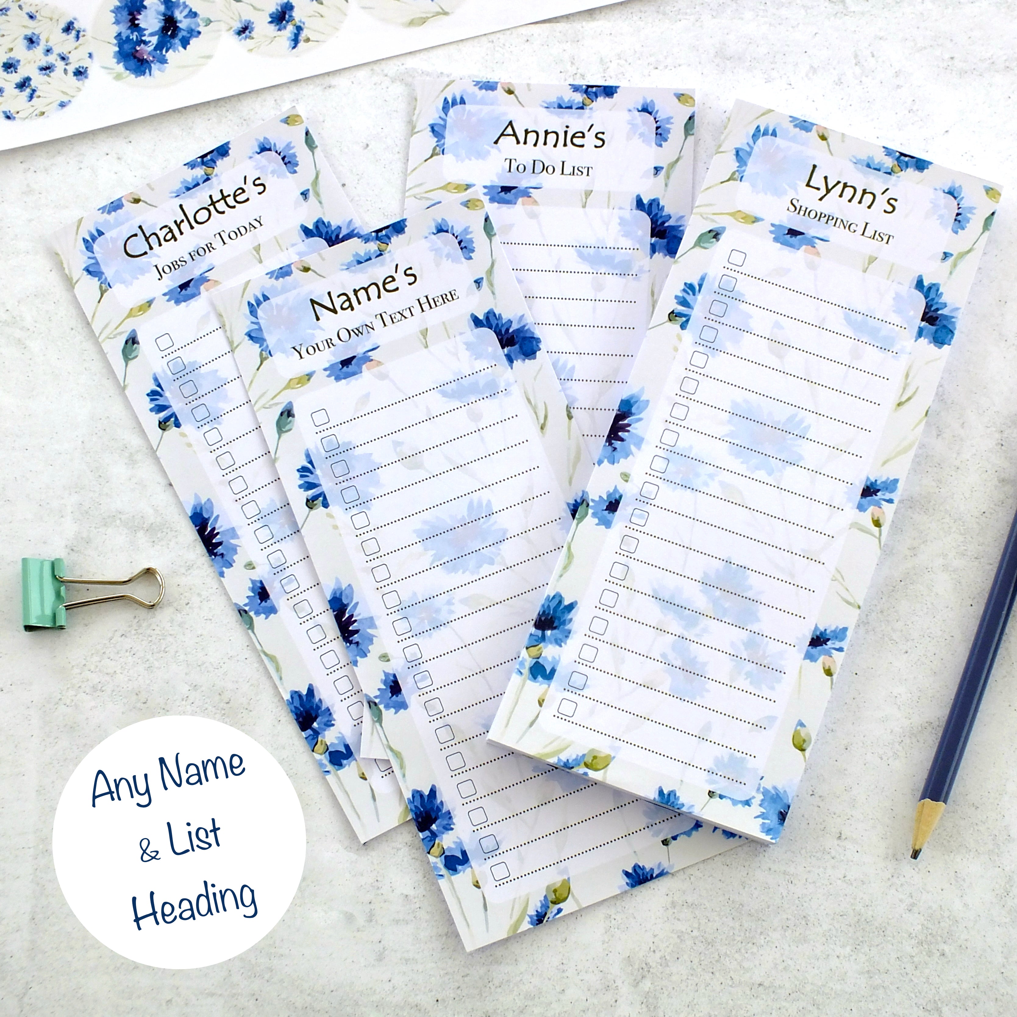 Personalised List Pad - To Do / Shopping / Any List Heading - Cornflowers
