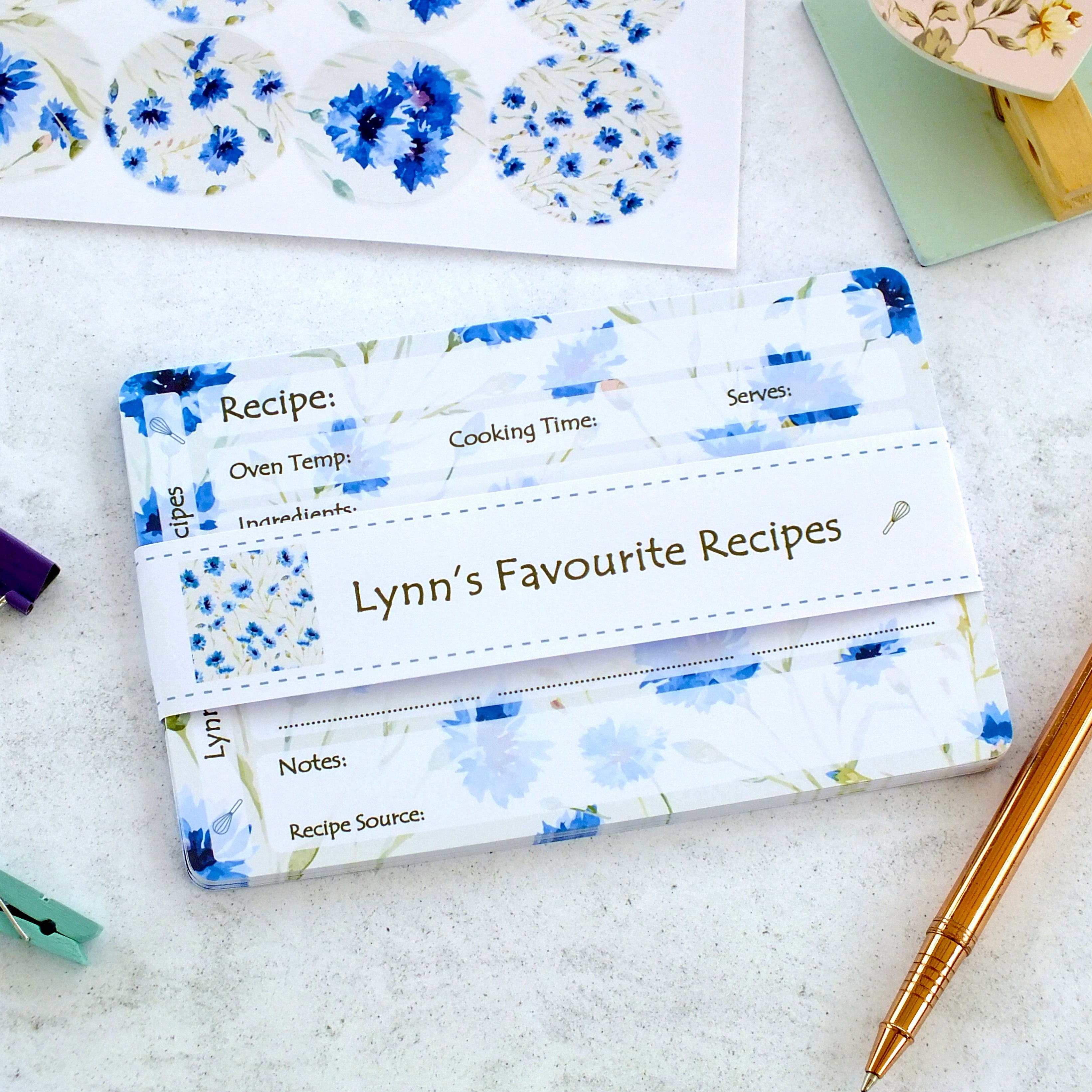 Personalised Recipe Cards - Cornflowers - Set of 10, 20, 30