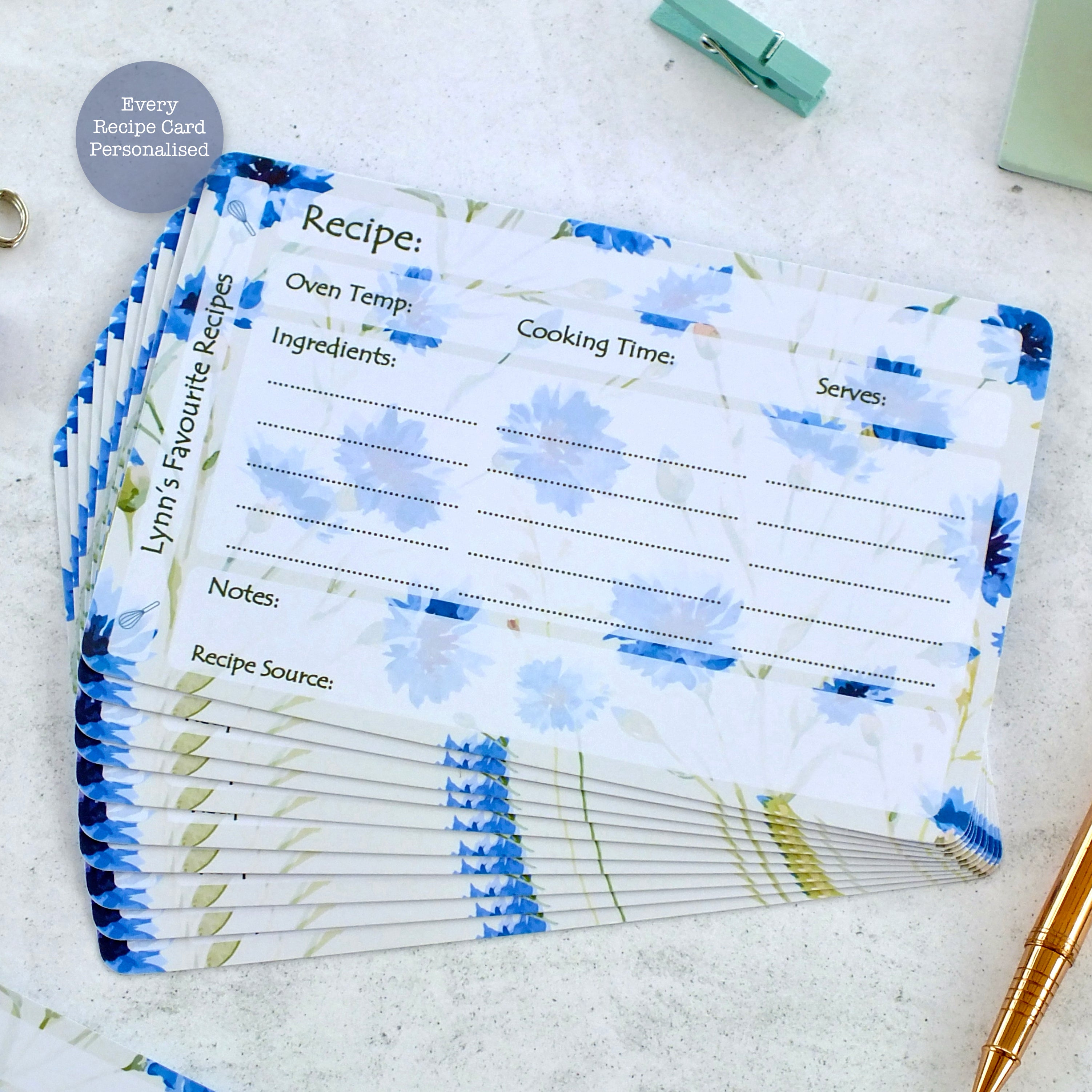 Personalised Recipe Cards - Cornflowers - Set of 10, 20, 30