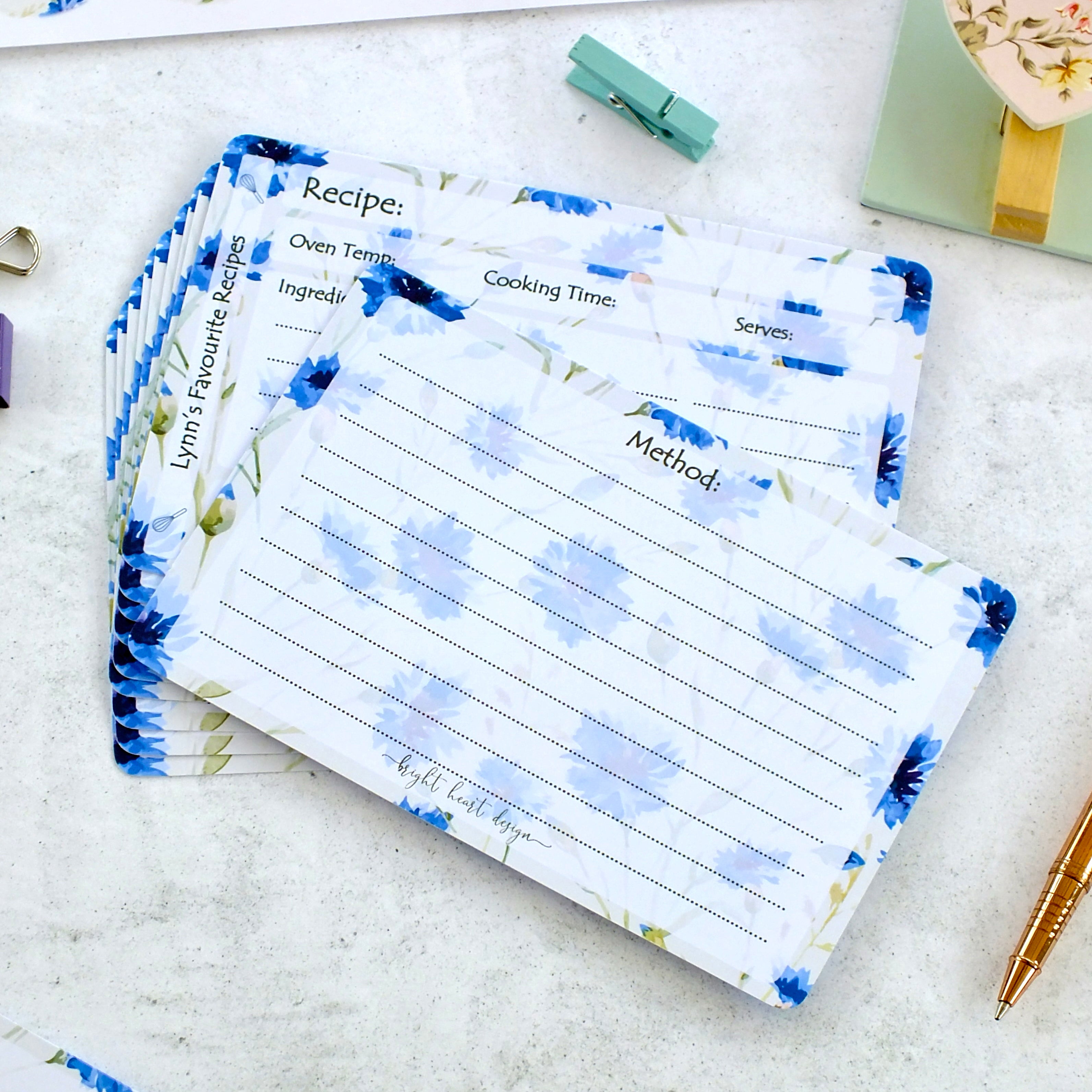 Personalised Recipe Cards - Cornflowers - Set of 10, 20, 30