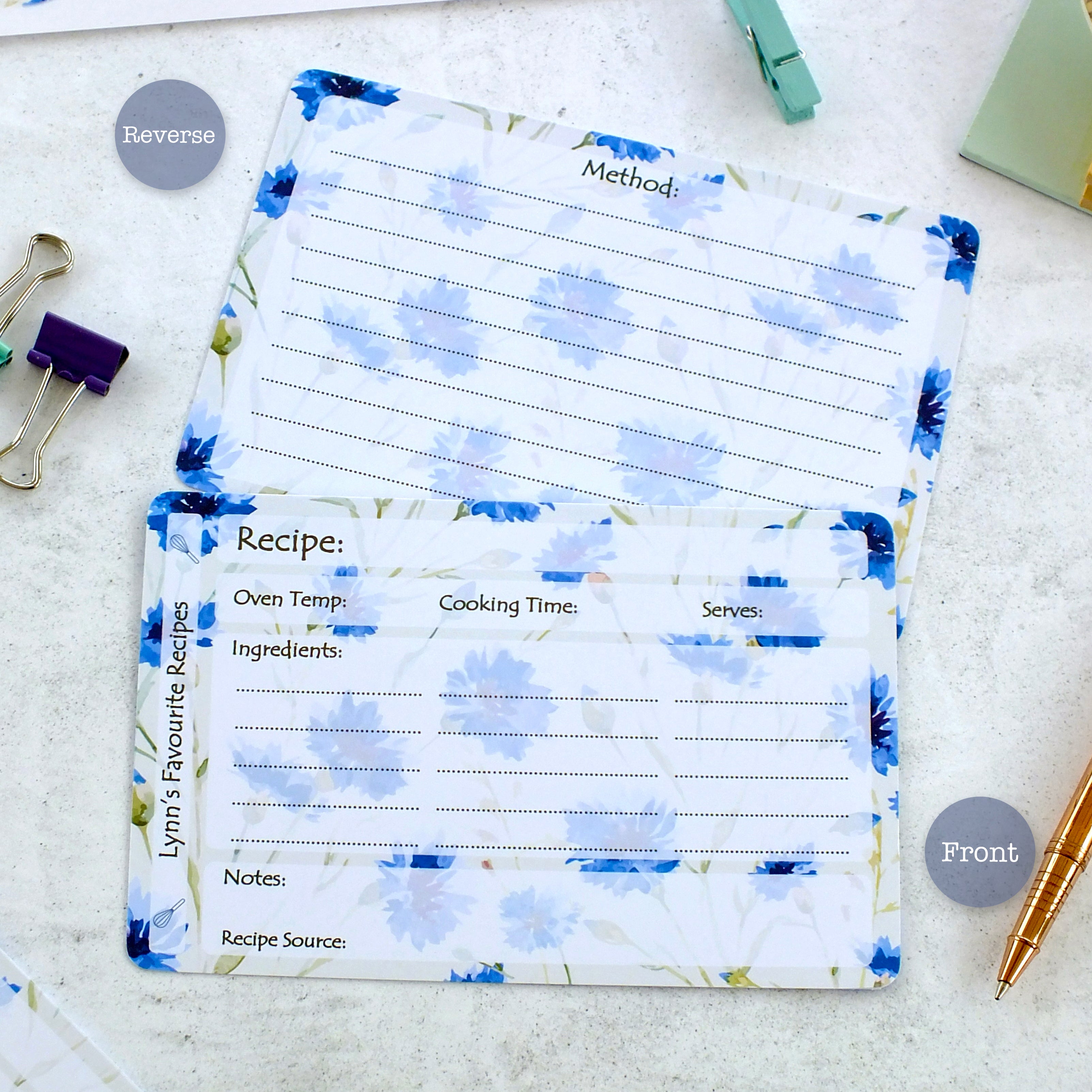 Personalised Recipe Cards - Cornflowers - Set of 10, 20, 30