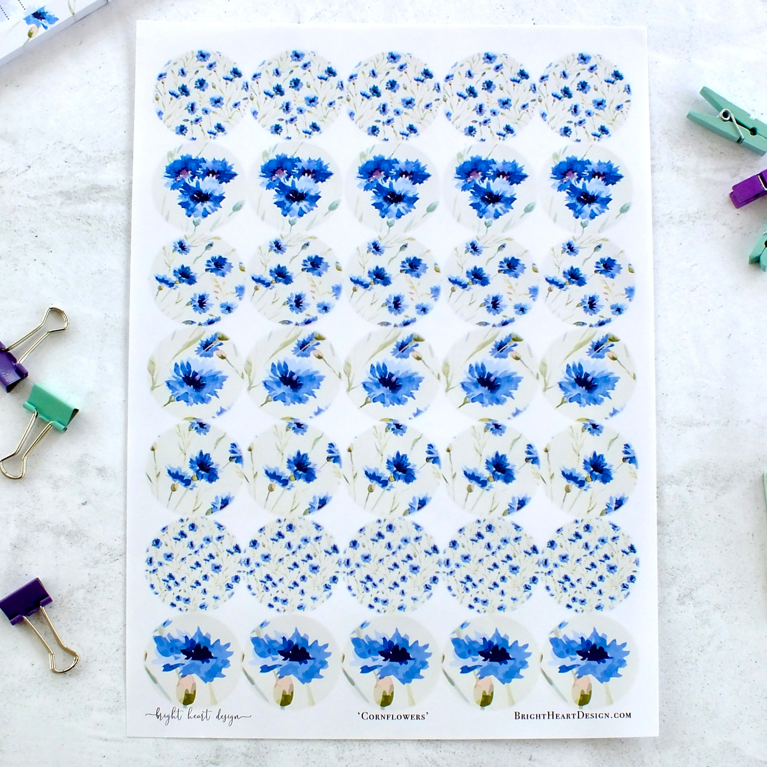 Decorative Stickers - Cornflowers Design - Round