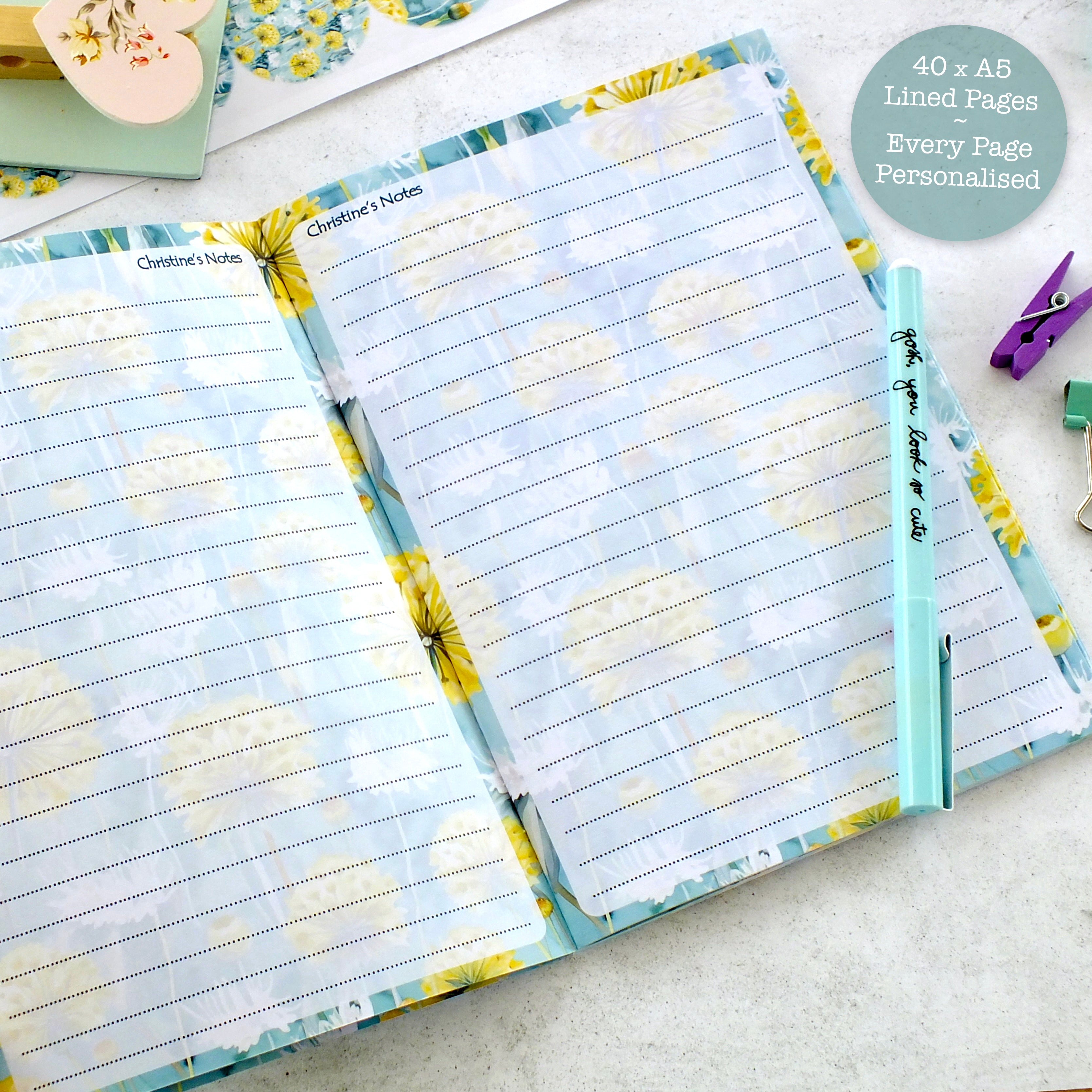 Personalised A5 Notebook - Any Heading - Dandelions