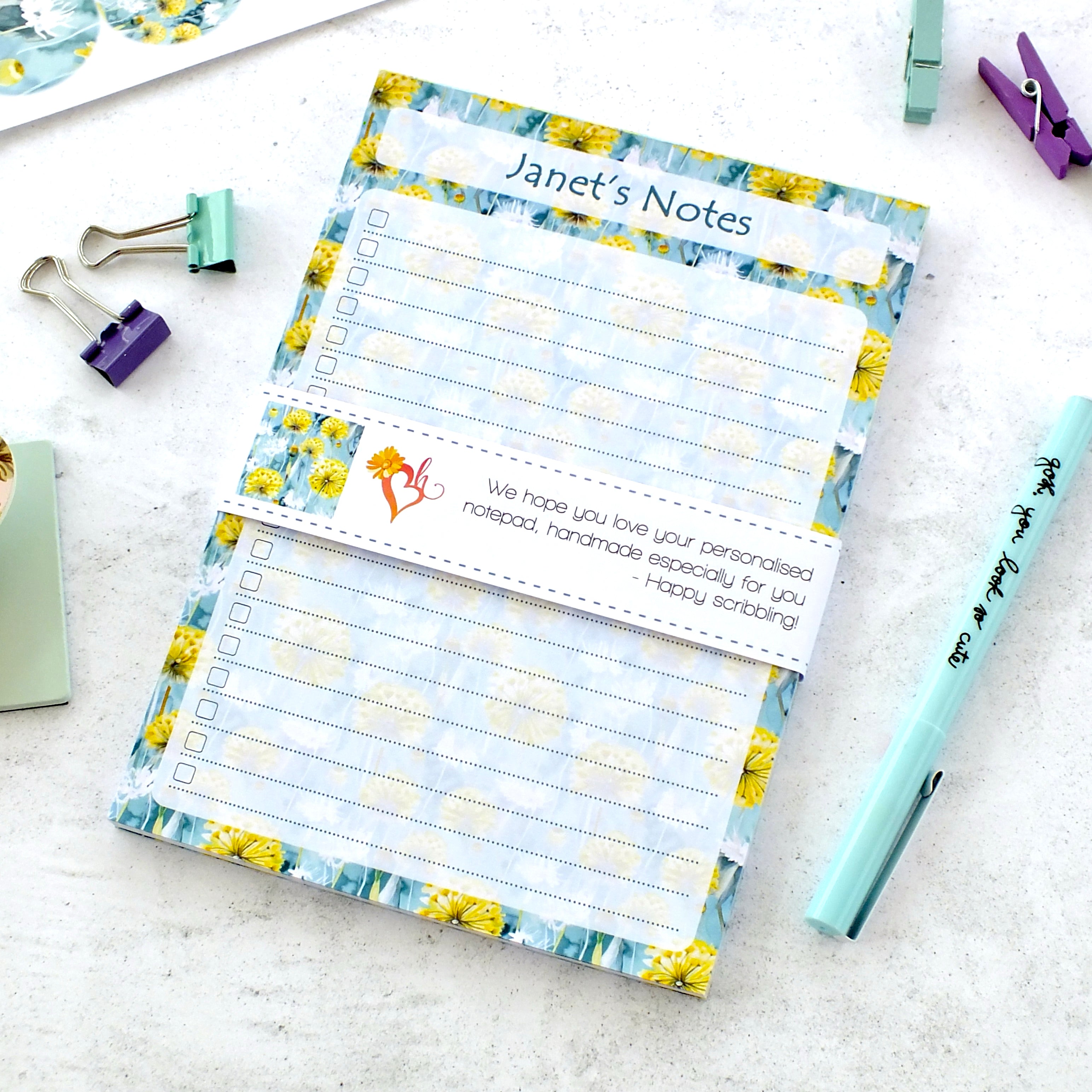 Personalised A5 Notepad - Any Heading - Dandelions