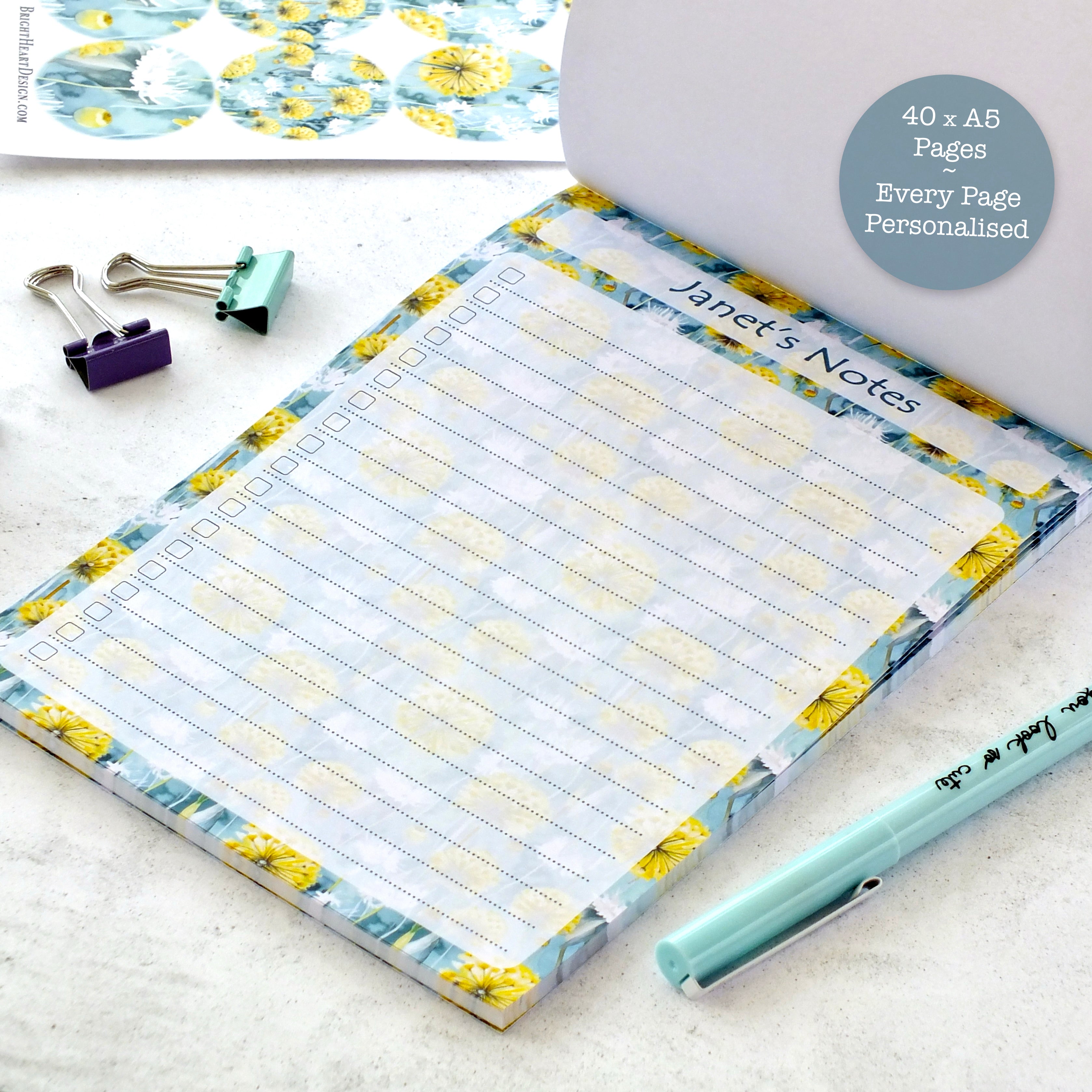 Personalised A5 Notepad - Any Heading - Dandelions