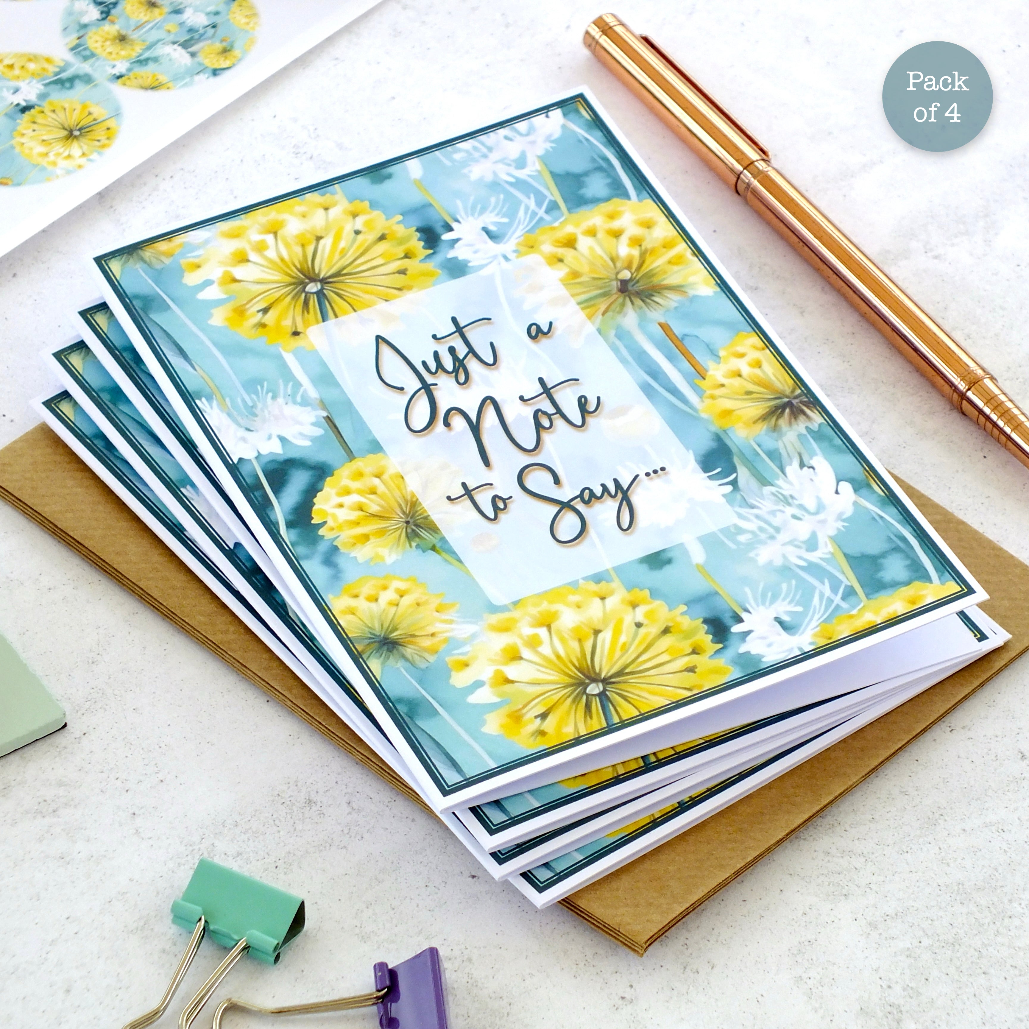 Pack of 4 Note Cards 'Just a Note to Say...' - Dandelions