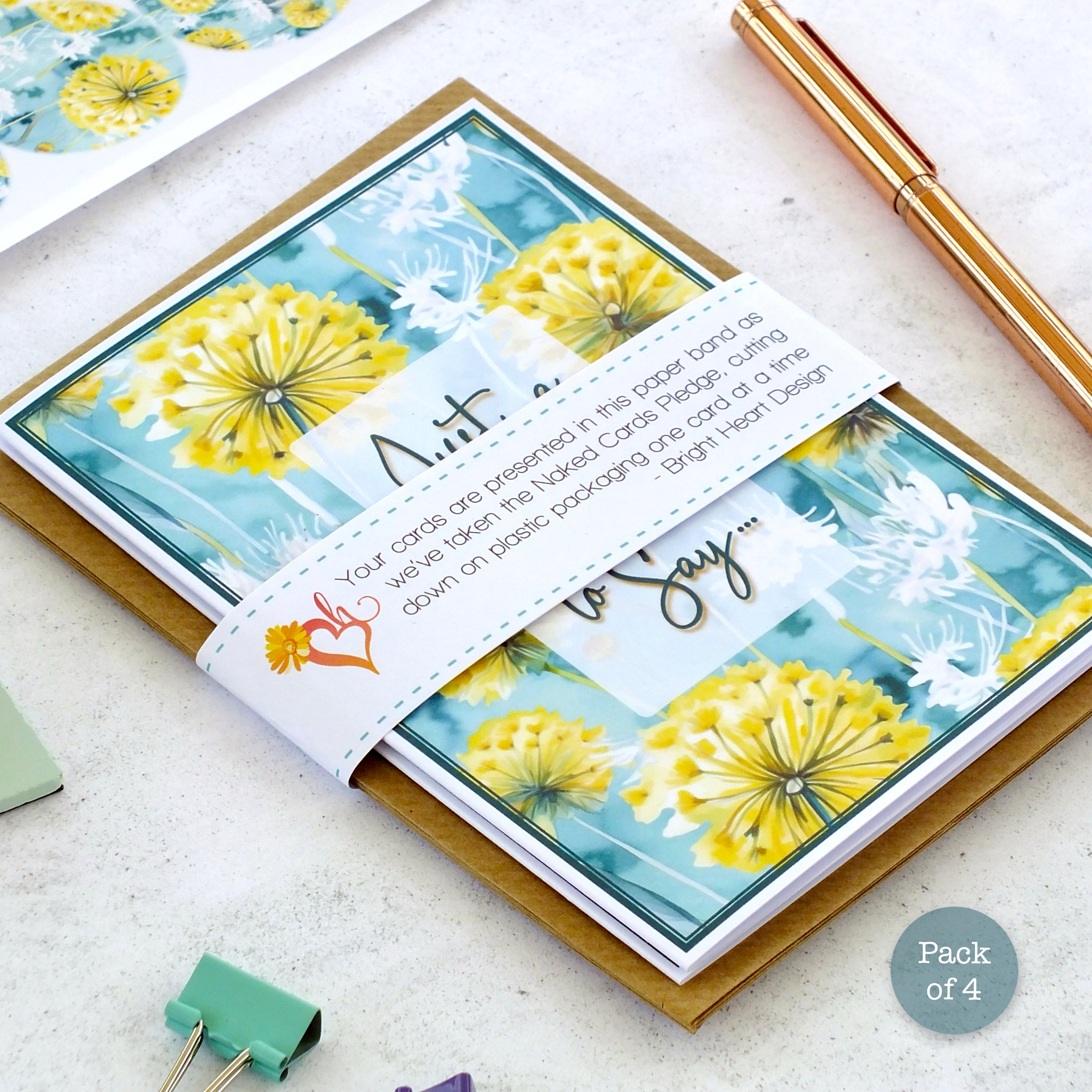 Pack of 4 Note Cards 'Just a Note to Say...' - Dandelions