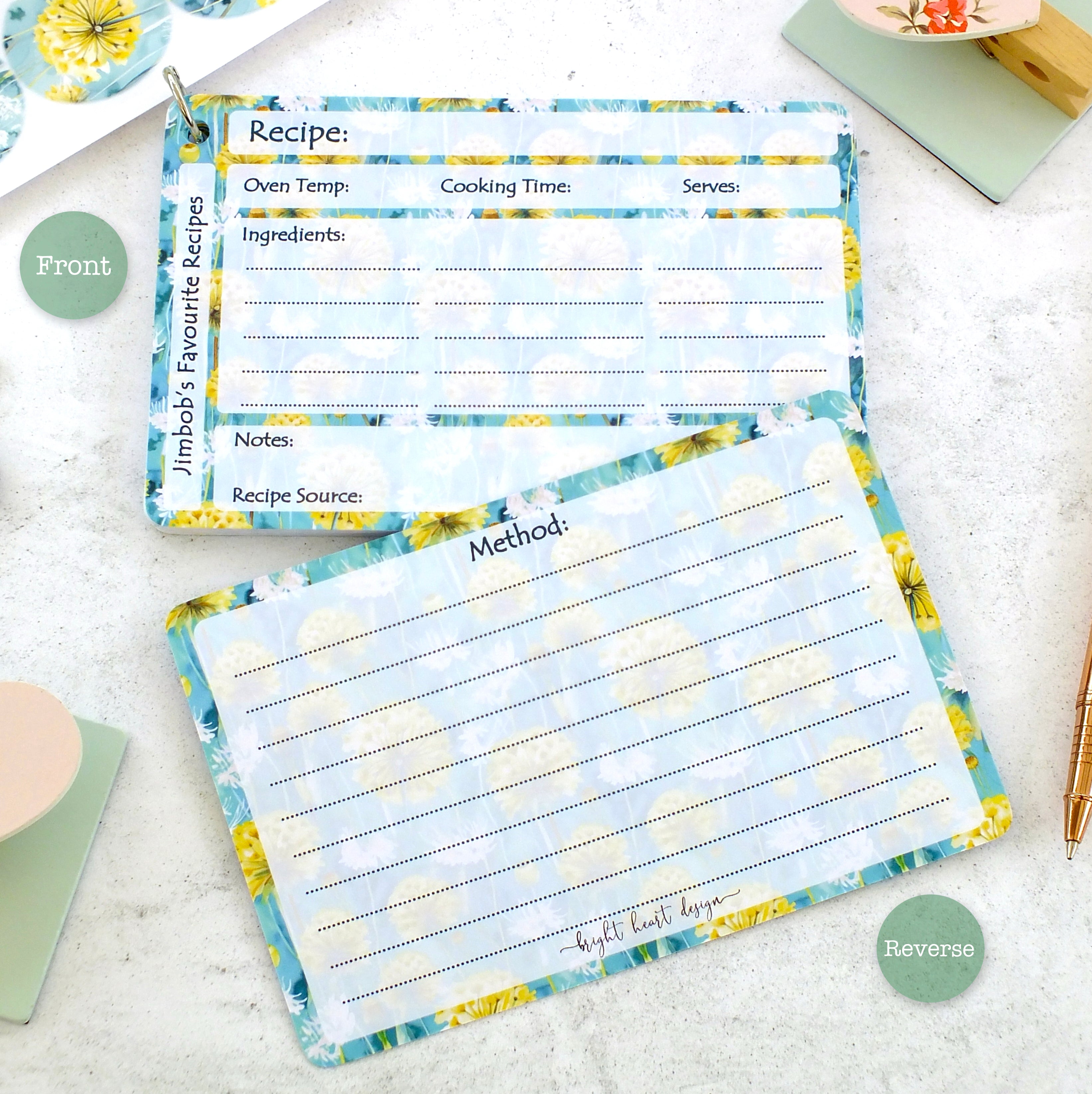 Personalised Recipe Cards - Dandelions - Set of 10, 20, 30