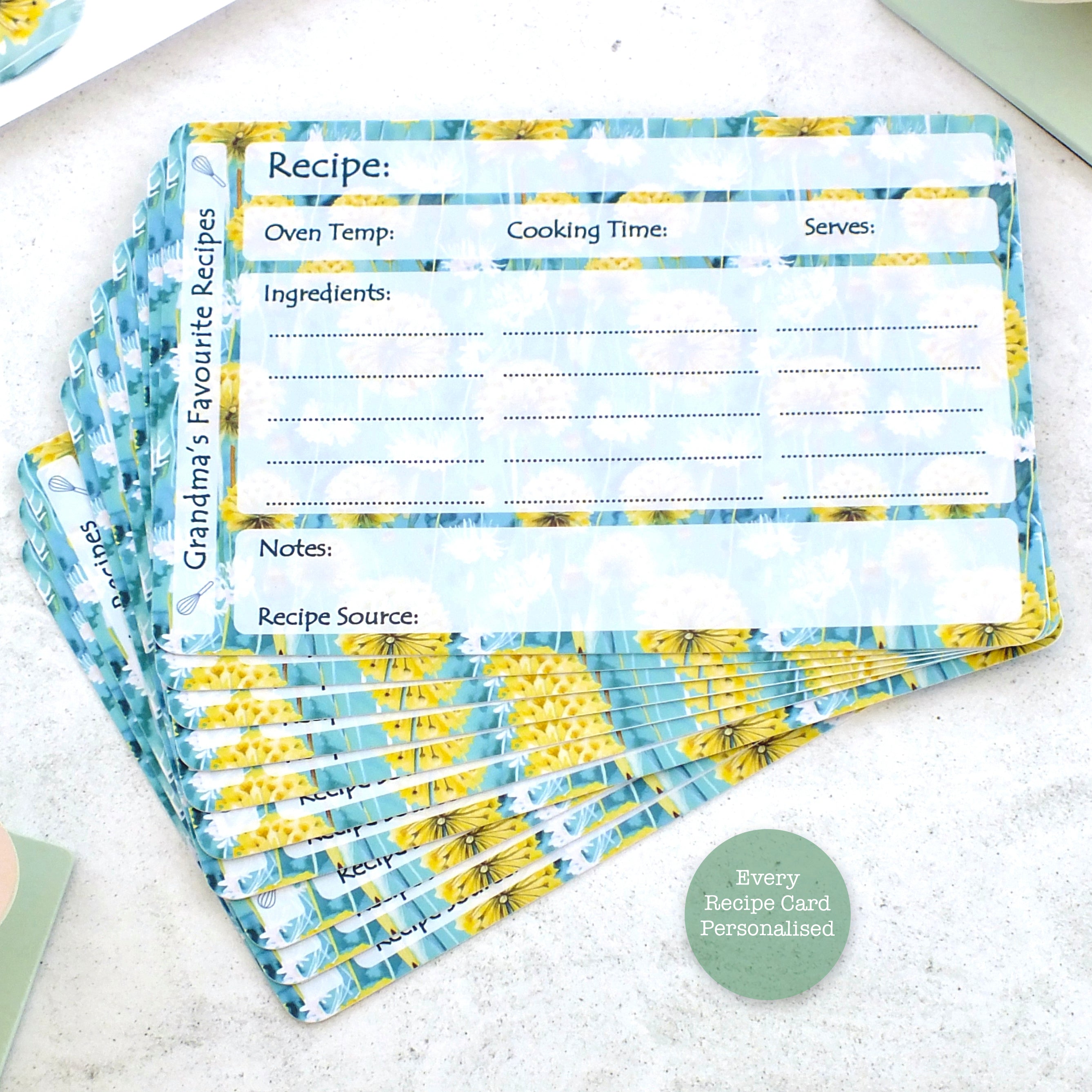 Personalised Recipe Cards - Dandelions - Set of 10, 20, 30