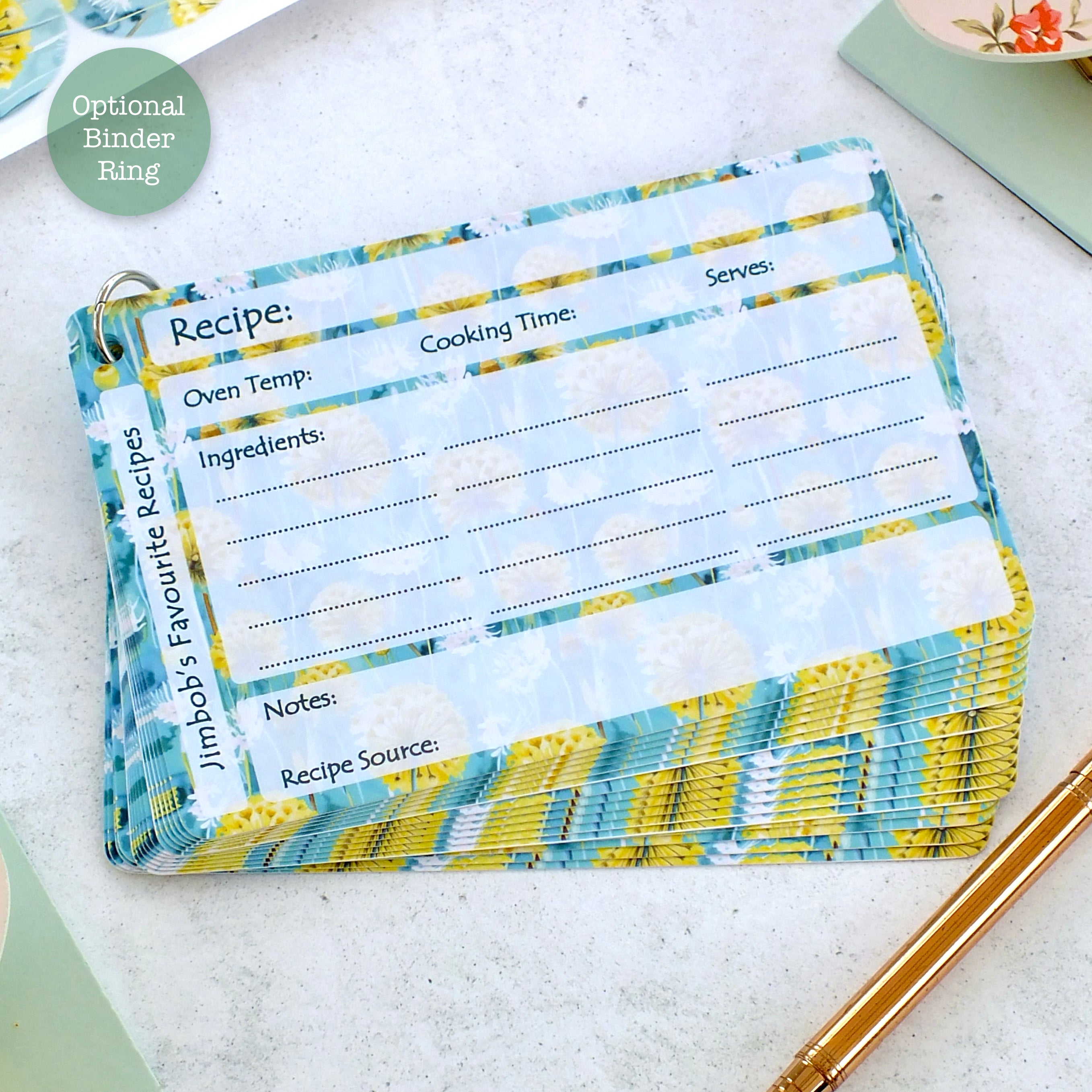 Personalised Recipe Cards - Dandelions - Set of 10, 20, 30
