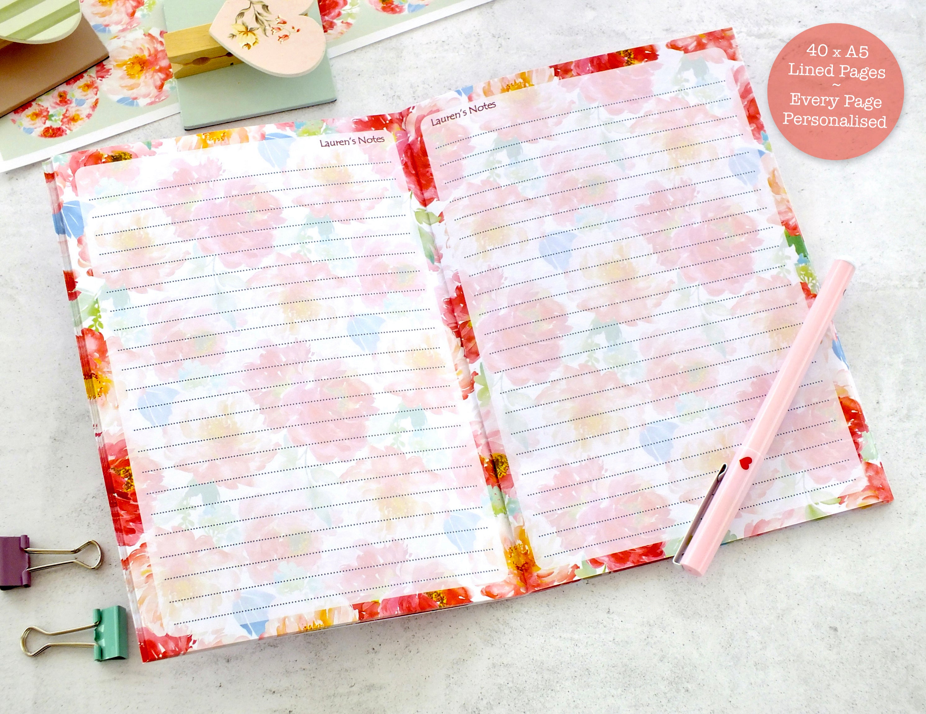 Personalised A5 Notebook - Any Heading - Peonies