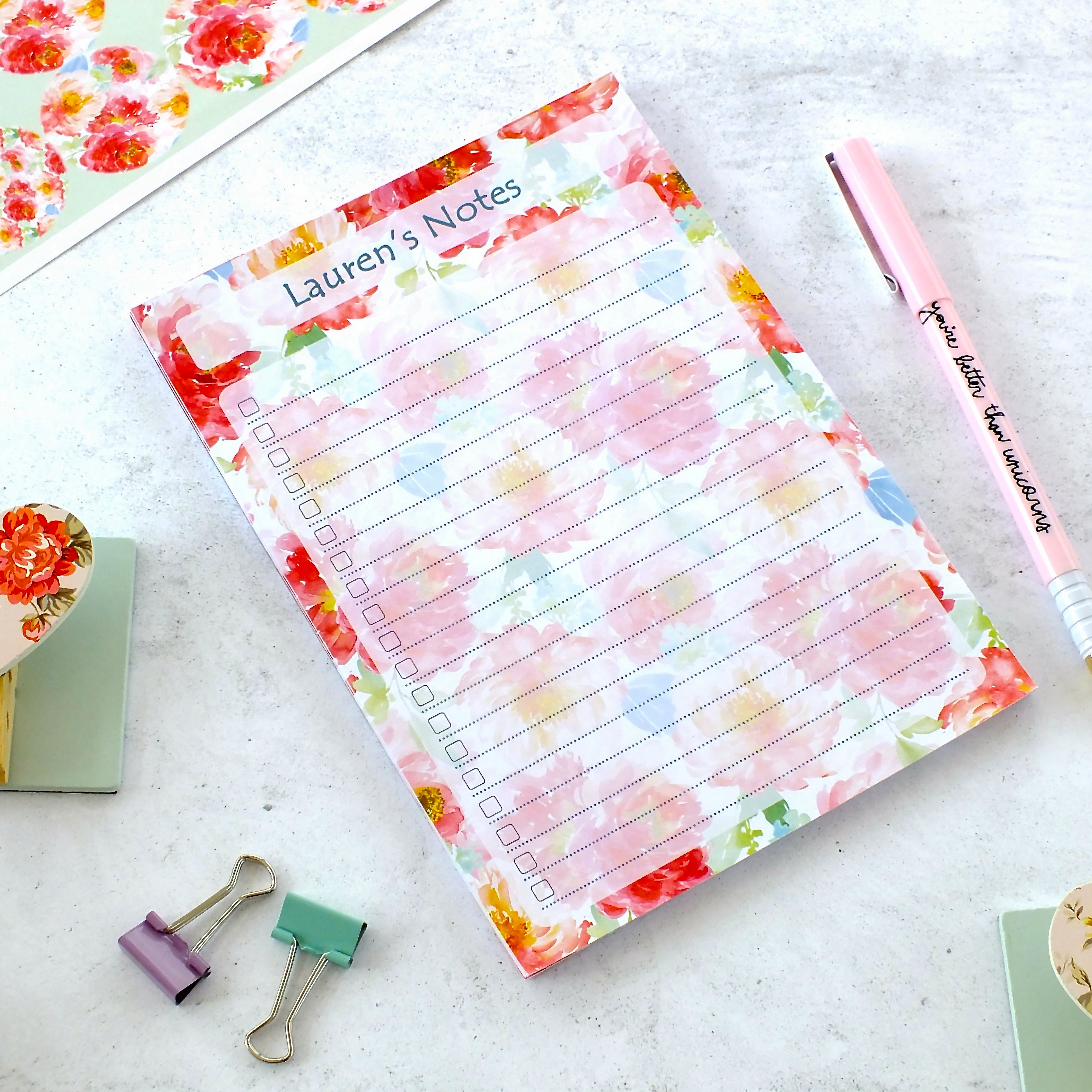 Personalised A5 Notepad - Any Heading - Peonies