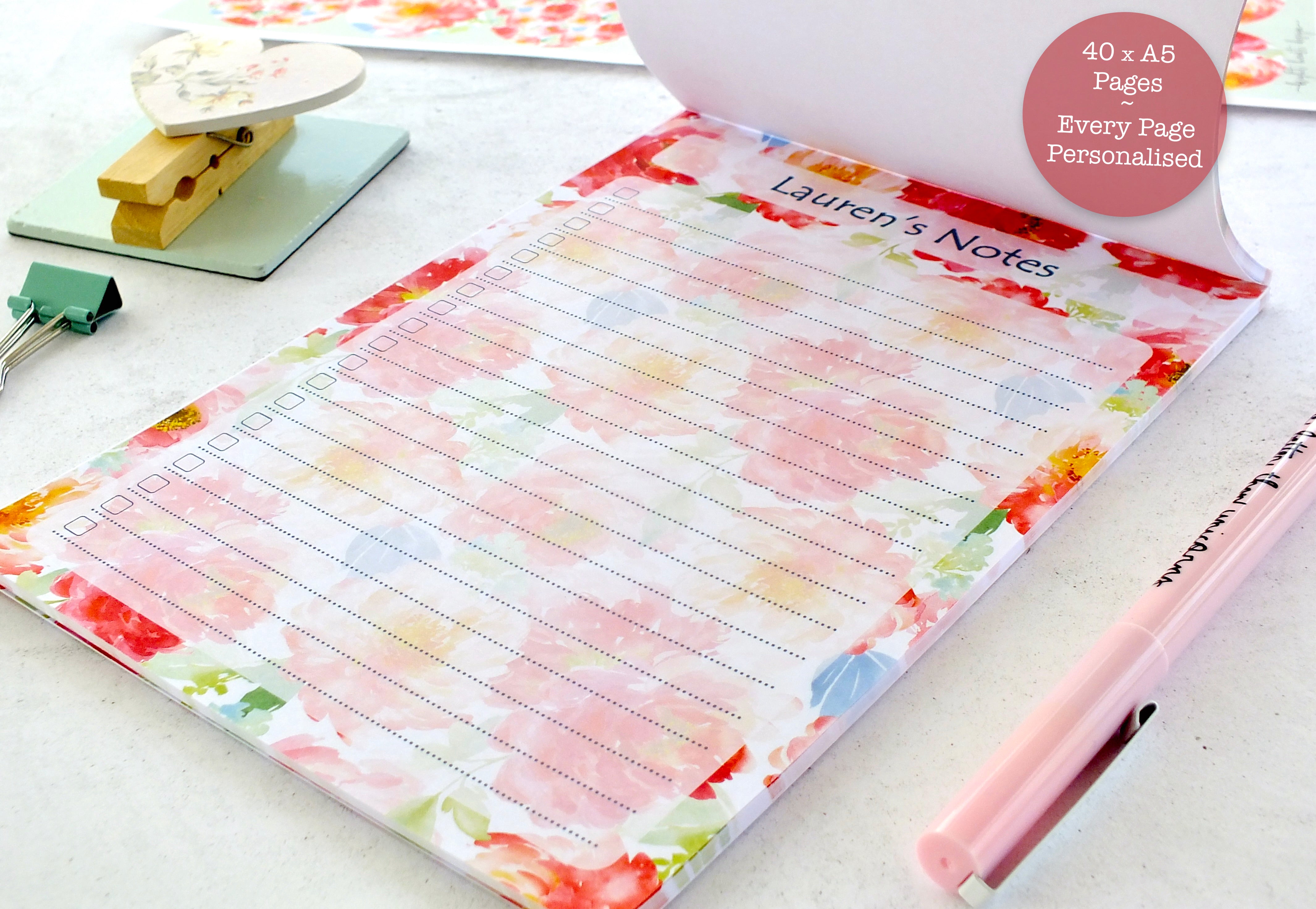 Personalised A5 Notepad - Any Heading - Peonies