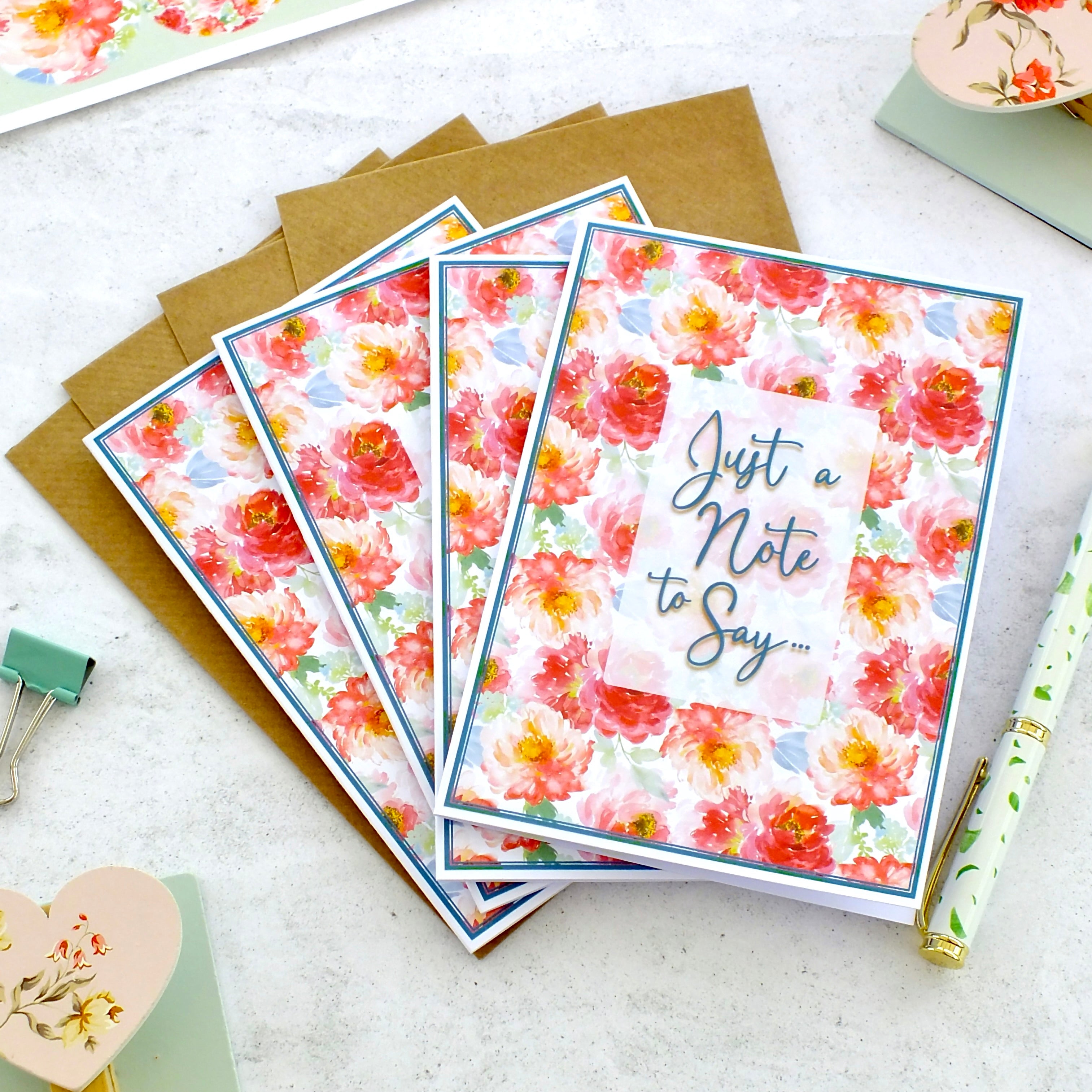 Pack of 4 Note Cards 'Just a Note to Say...' - Peonies