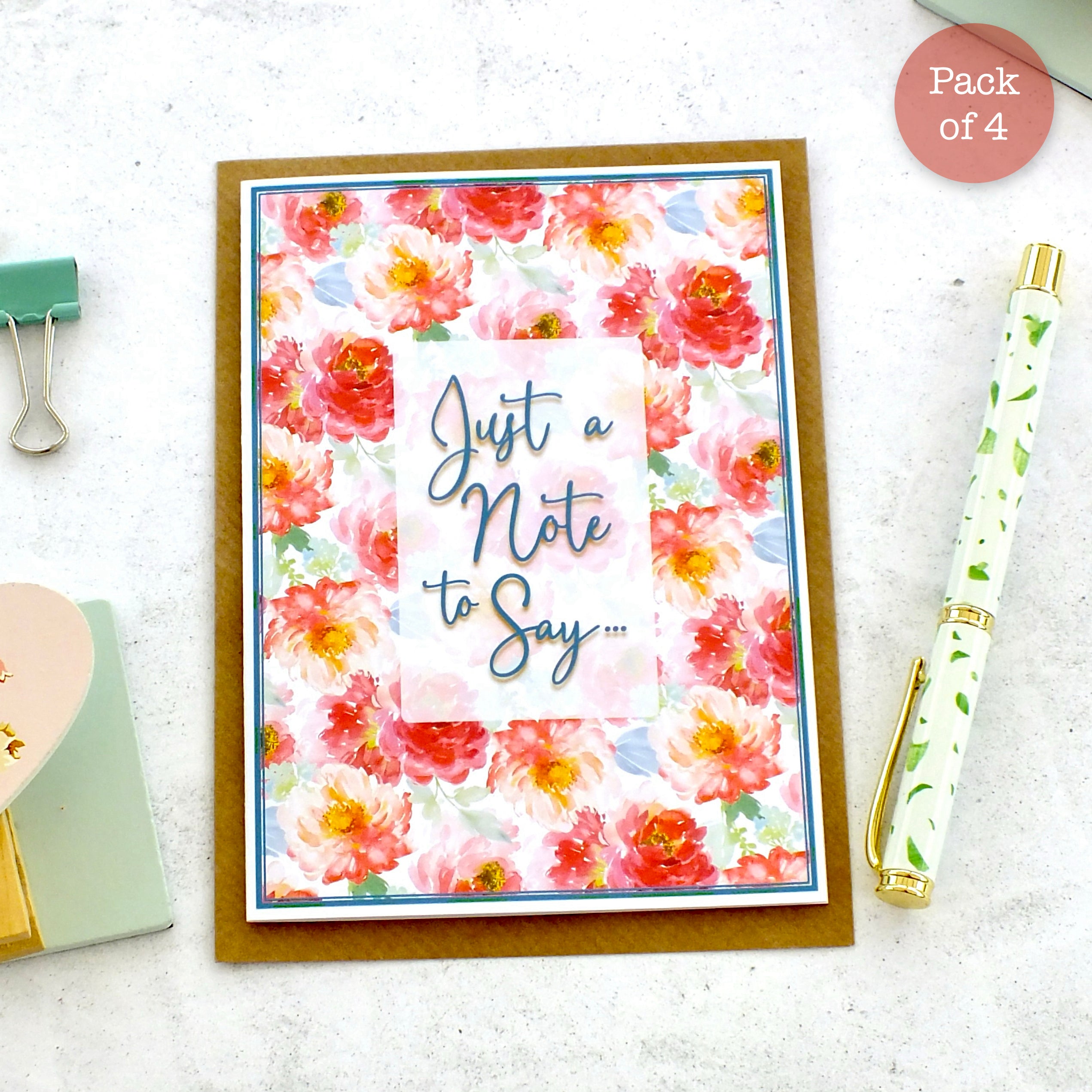 Pack of 4 Note Cards 'Just a Note to Say...' - Peonies