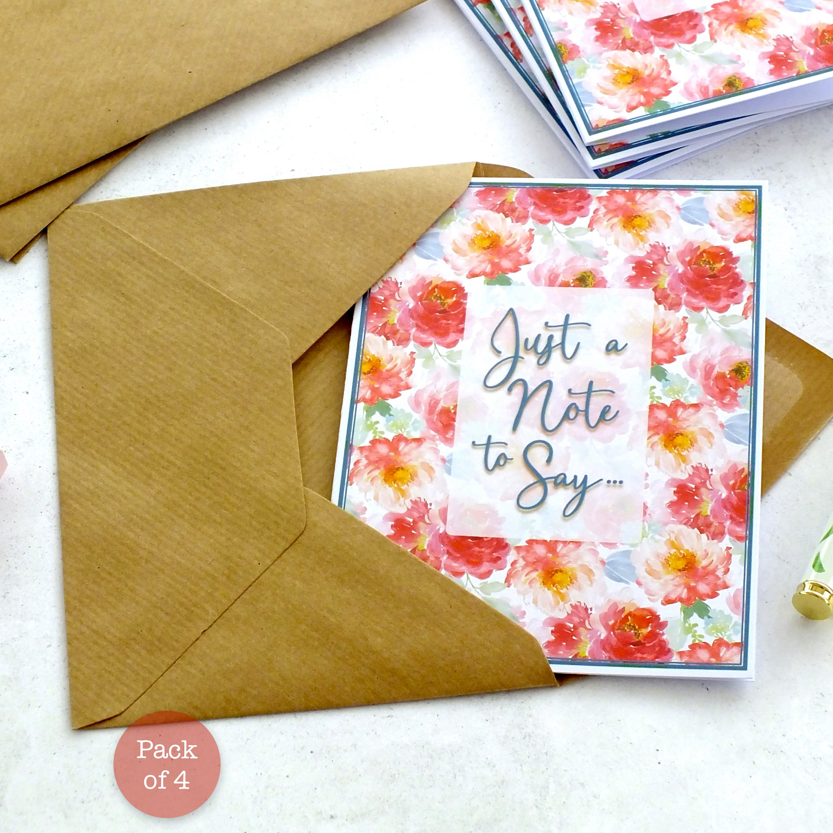 Pack of 4 Note Cards 'Just a Note to Say...' - Peonies