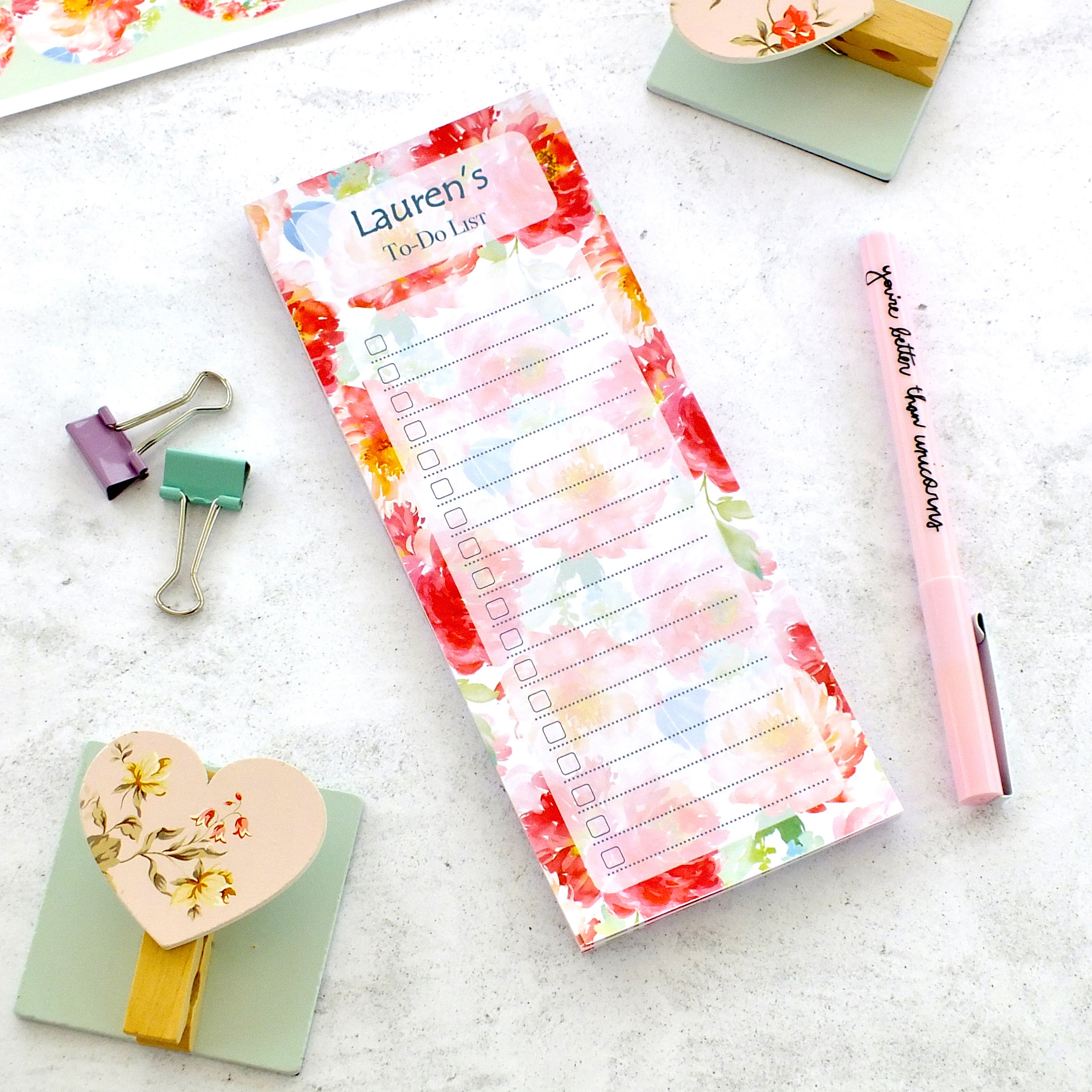 Personalised List Pad - To Do / Shopping / Any List Heading - Peonies