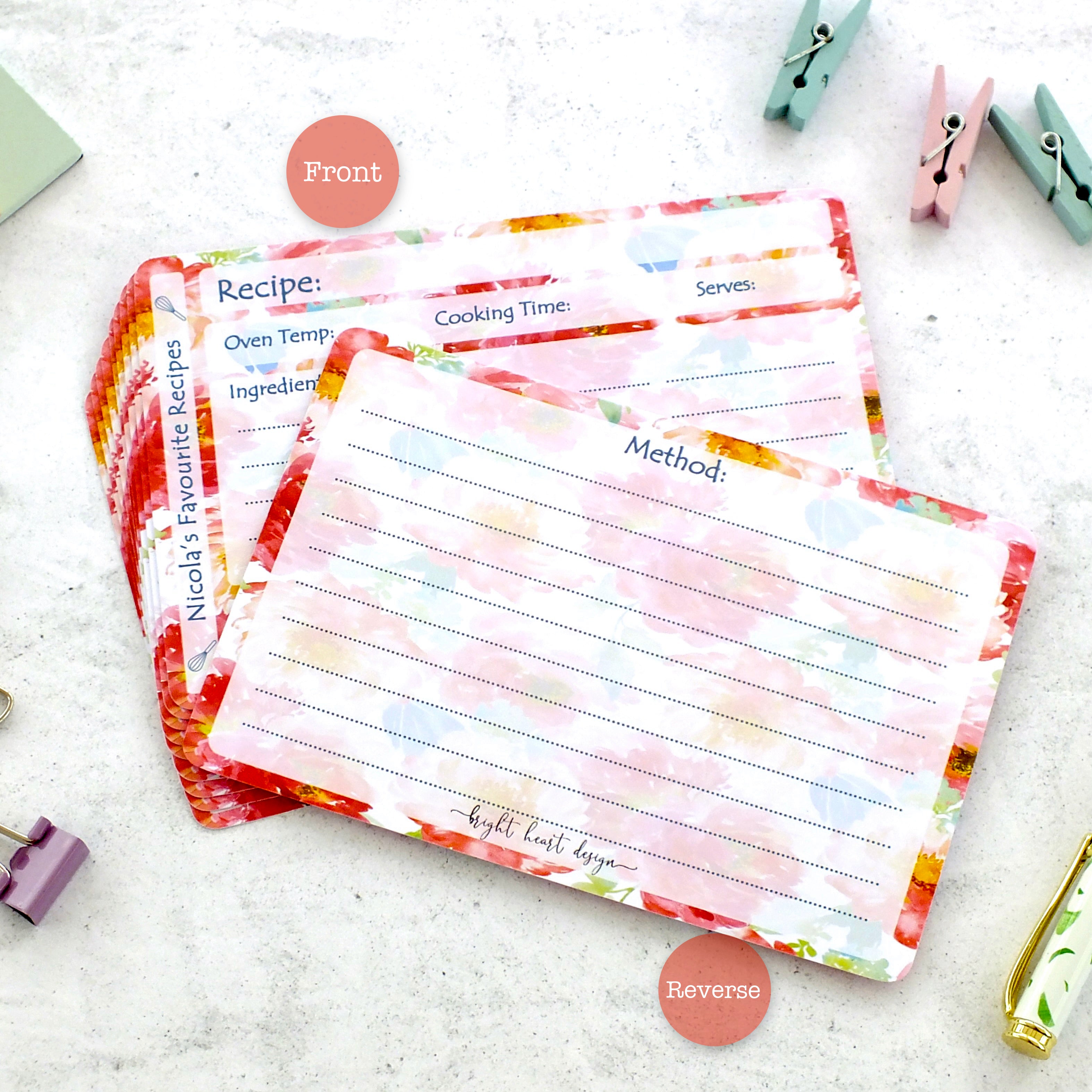 Personalised Recipe Cards - Peonies - Set of 10, 20, 30